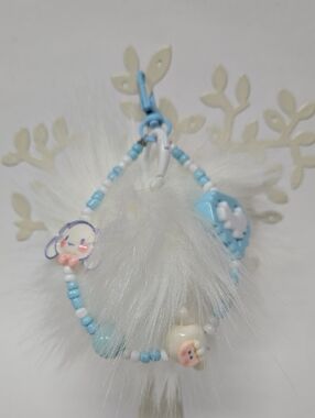 Cinnamoroll White Pom Pom Keychain w/Baby Blue Beads NWOT 4"